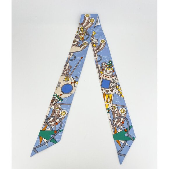 Rare Authentic Vintage HERMES Odyssey Beige Bleu Ciel&Jaune Vif 100% Silk Twilly - Picture 2 of 8